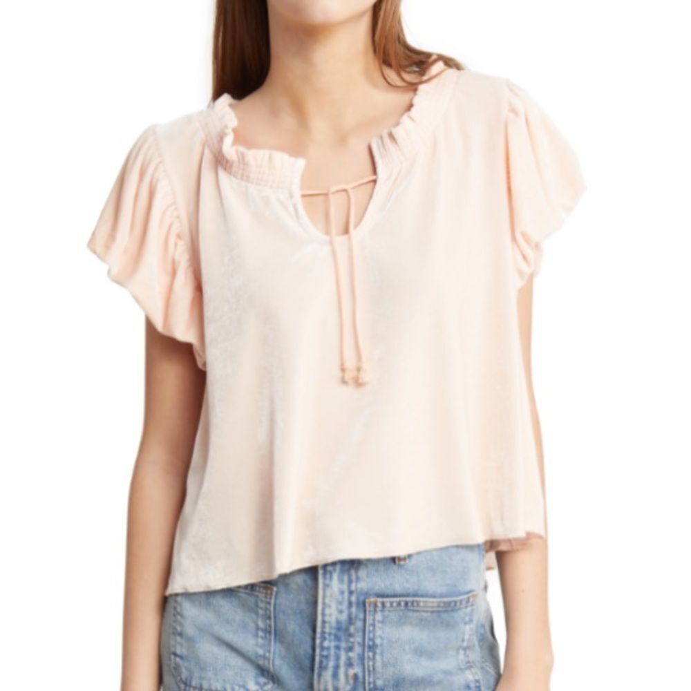 Free People Terese Velvet Peach Velour Smocked Women’s Boho Top Shirt Medium